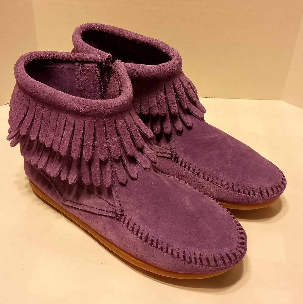 Minnetonka moccasins children's double fringe ankle boot purple size 12